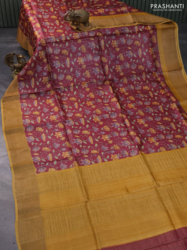 Pure tussar silk saree maroon and mustard yellow with allover kalamkari prints and zari woven border