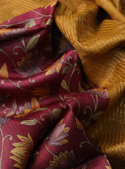 Pure tussar silk saree maroon and mustard yellow with allover kalamkari prints and zari woven border