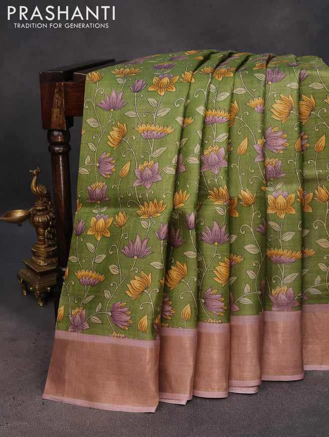 Pure tussar silk saree maroon and mustard yellow with allover kalamkari prints and zari woven border