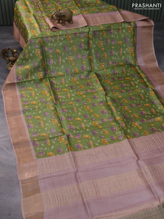 Pure tussar silk saree maroon and mustard yellow with allover kalamkari prints and zari woven border