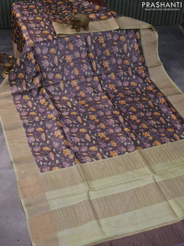 Pure tussar silk saree brown and pista green with allover kalamkari prints and zari woven border