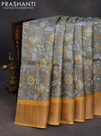 Pure tussar silk saree grey shade and yellow with allover kalamkari prints and zari woven border