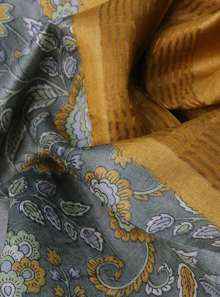 Pure tussar silk saree grey shade and yellow with allover kalamkari prints and zari woven border