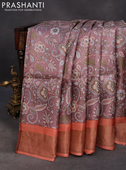 Pure tussar silk saree brown and peach orange with allover kalamkari prints and zari woven border