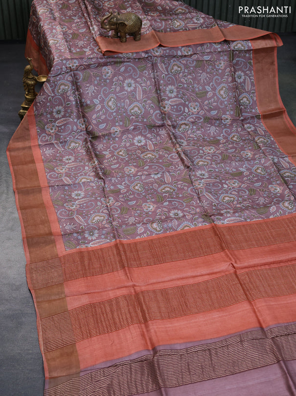 Pure tussar silk saree brown and peach orange with allover kalamkari prints and zari woven border