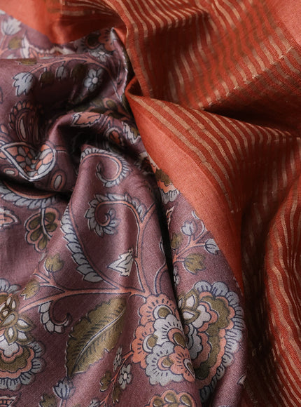 Pure tussar silk saree brown and peach orange with allover kalamkari prints and zari woven border