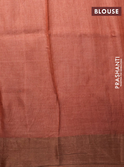 Pure tussar silk saree brown and peach orange with allover kalamkari prints and zari woven border