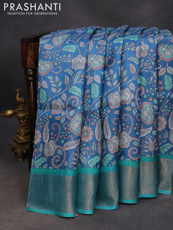 Pure tussar silk saree cs blue and teal blue with allover kalamkari prints and zari woven border