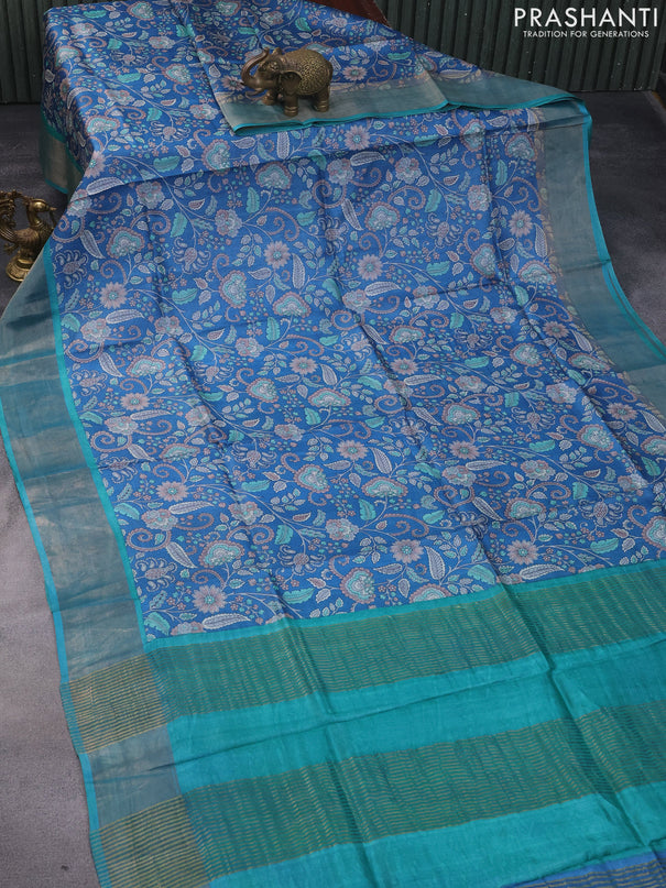 Pure tussar silk saree cs blue and teal blue with allover kalamkari prints and zari woven border