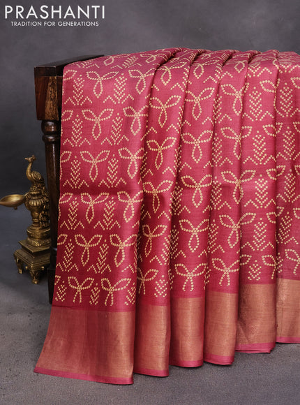 Pure tussar silk saree maroon with allover bandhani prints and zari woven border