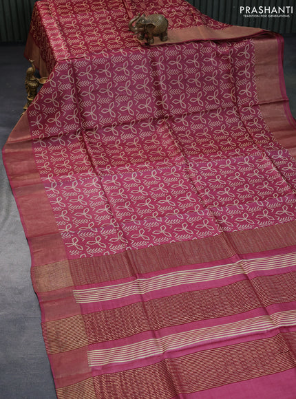 Pure tussar silk saree maroon with allover bandhani prints and zari woven border