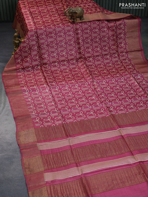 Pure tussar silk saree maroon with allover bandhani prints and zari woven border