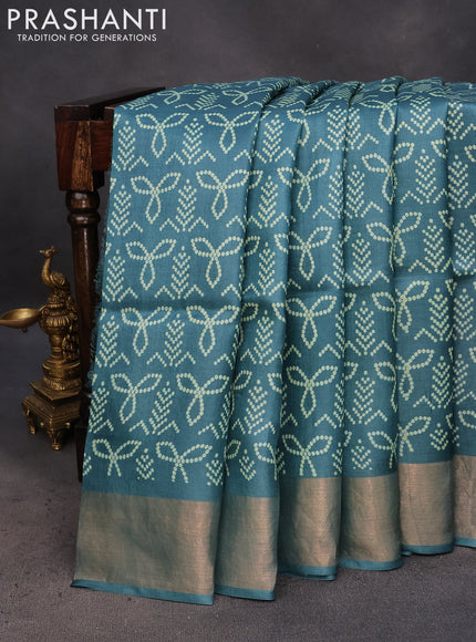 Pure tussar silk saree blue shade with allover bandhani prints and zari woven border