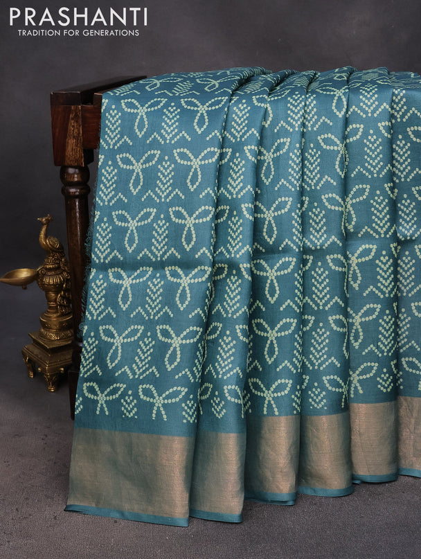 Pure tussar silk saree blue shade with allover bandhani prints and zari woven border