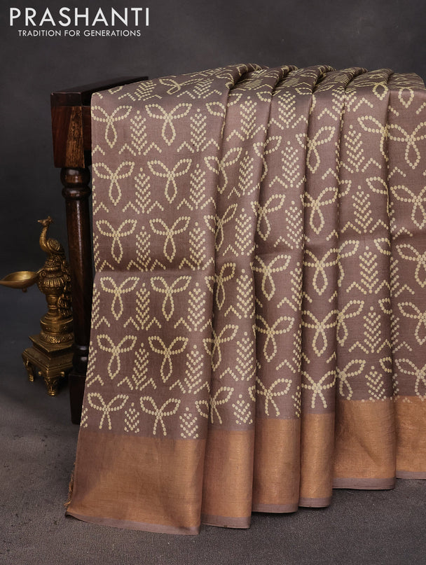 Pure tussar silk saree brown with allover bandhani prints and zari woven border