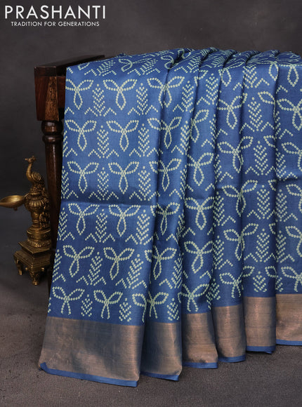 Pure tussar silk saree blue with allover bandhani prints and zari woven border