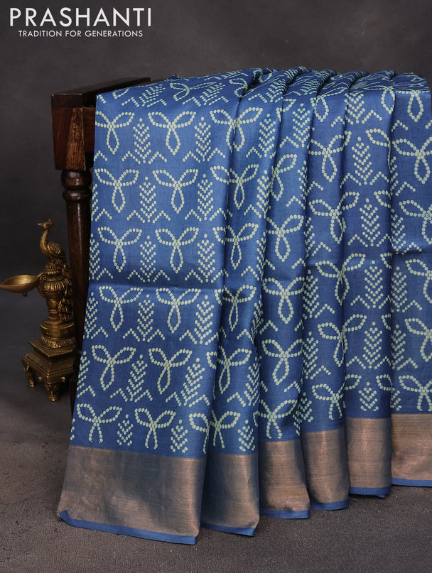 Pure tussar silk saree blue with allover bandhani prints and zari woven border