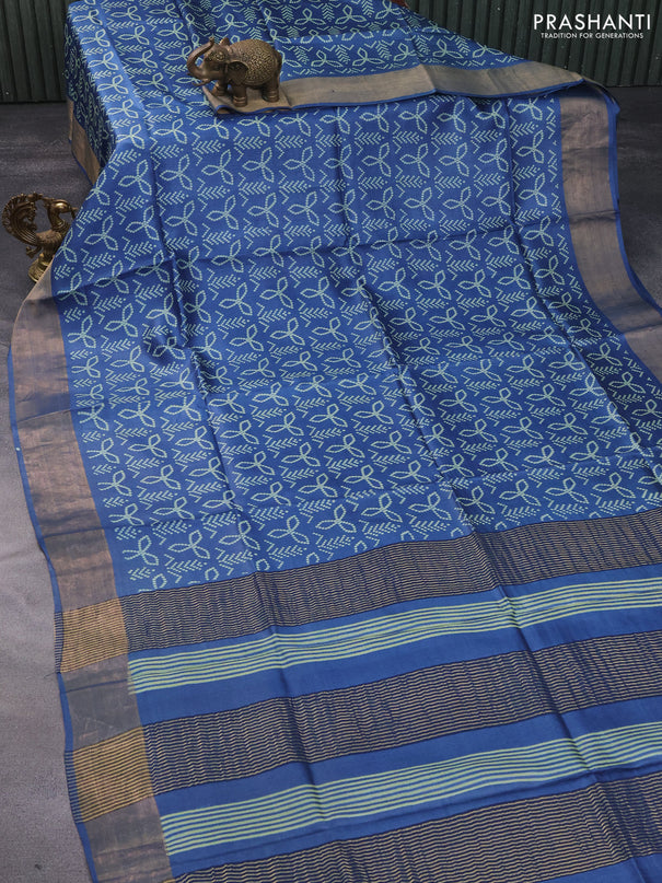 Pure tussar silk saree blue with allover bandhani prints and zari woven border