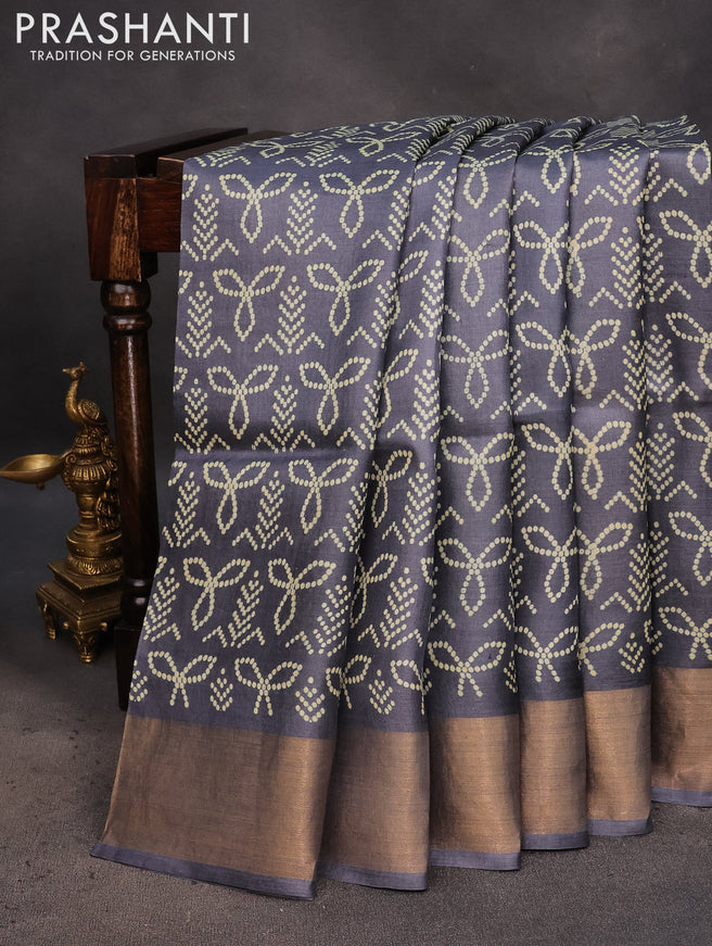 Pure tussar silk saree elephant grey with allover bandhani prints and zari woven border