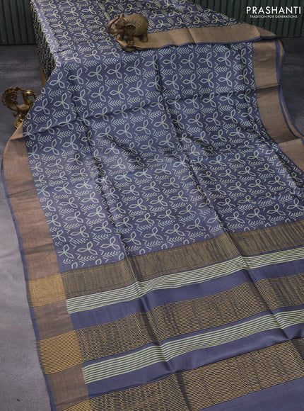 Pure tussar silk saree elephant grey with allover bandhani prints and zari woven border