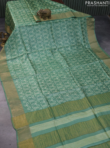 Pure tussar silk saree green with allover bandhani prints and zari woven border