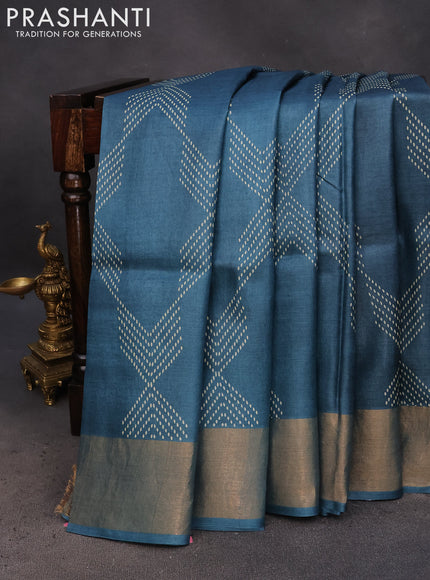 Pure tussar silk saree peacock blue with allover prints and zari woven border