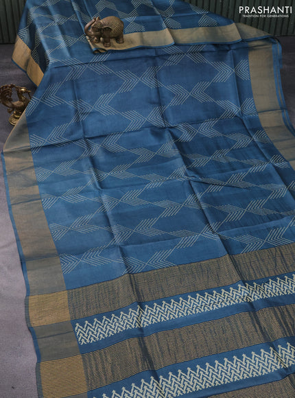 Pure tussar silk saree peacock blue with allover prints and zari woven border