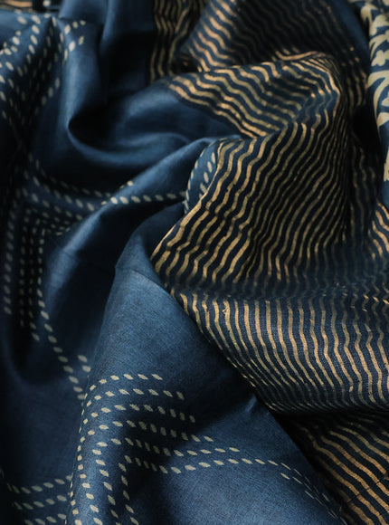 Pure tussar silk saree peacock blue with allover prints and zari woven border