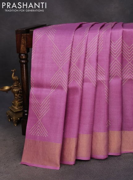 Pure tussar silk saree purple shade with allover prints and zari woven border