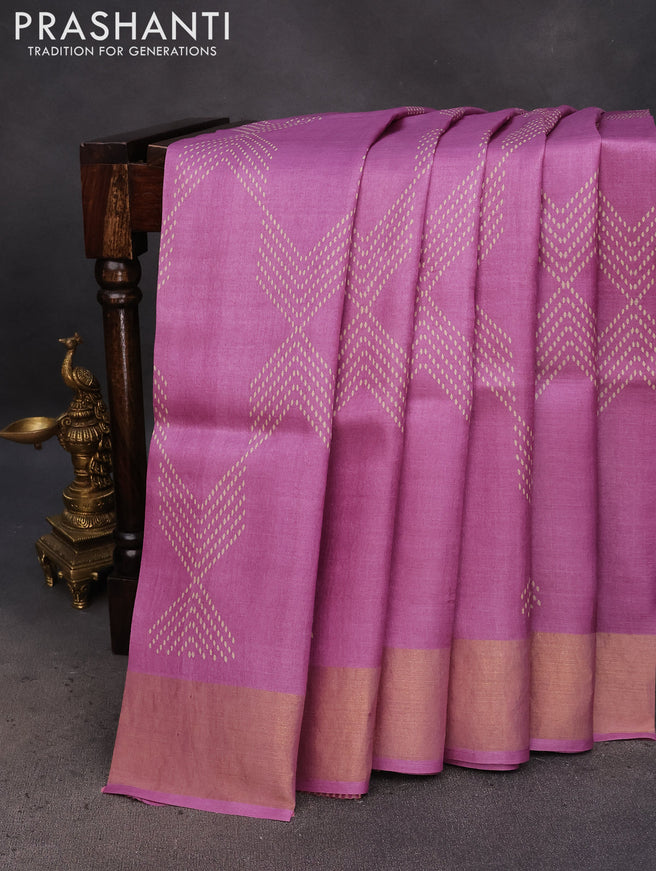 Pure tussar silk saree purple shade with allover prints and zari woven border