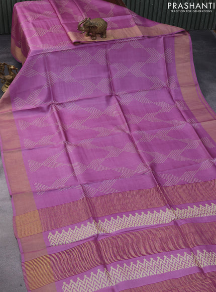 Pure tussar silk saree purple shade with allover prints and zari woven border