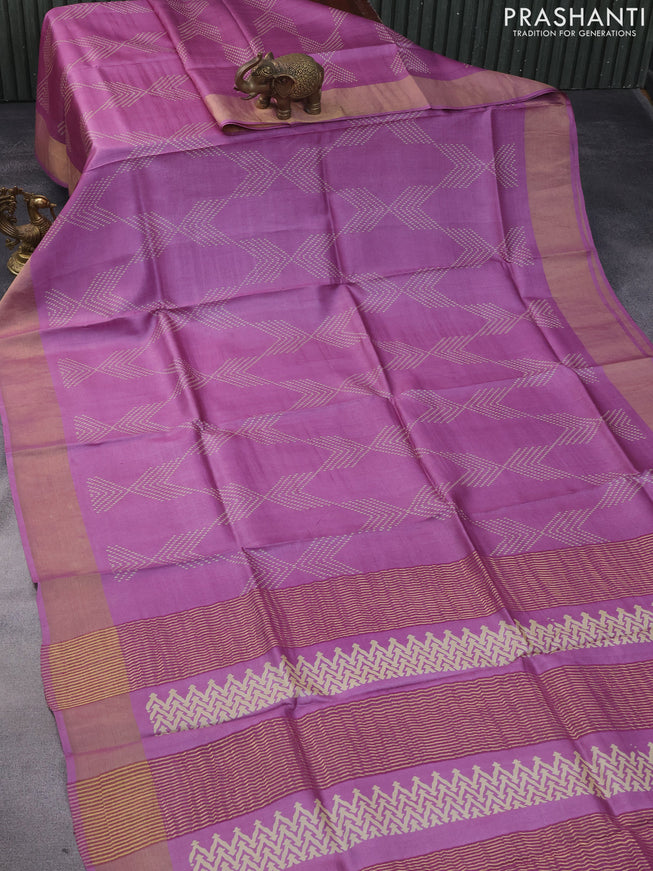 Pure tussar silk saree purple shade with allover prints and zari woven border