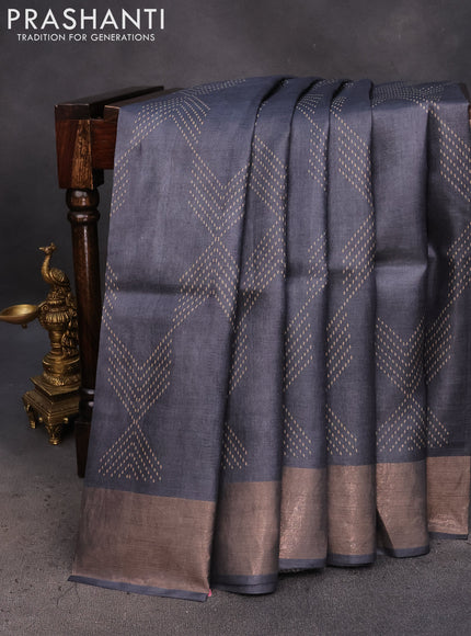 Pure tussar silk saree elephant grey with allover prints and zari woven border