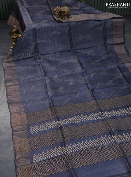 Pure tussar silk saree elephant grey with allover prints and zari woven border