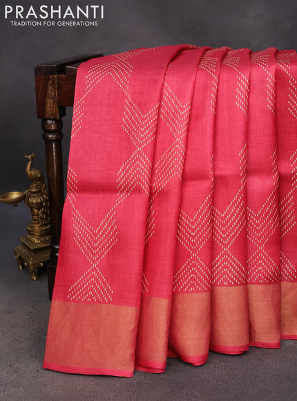 Pure tussar silk saree pink with allover prints and zari woven border