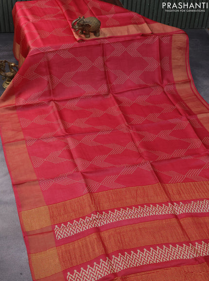 Pure tussar silk saree pink with allover prints and zari woven border