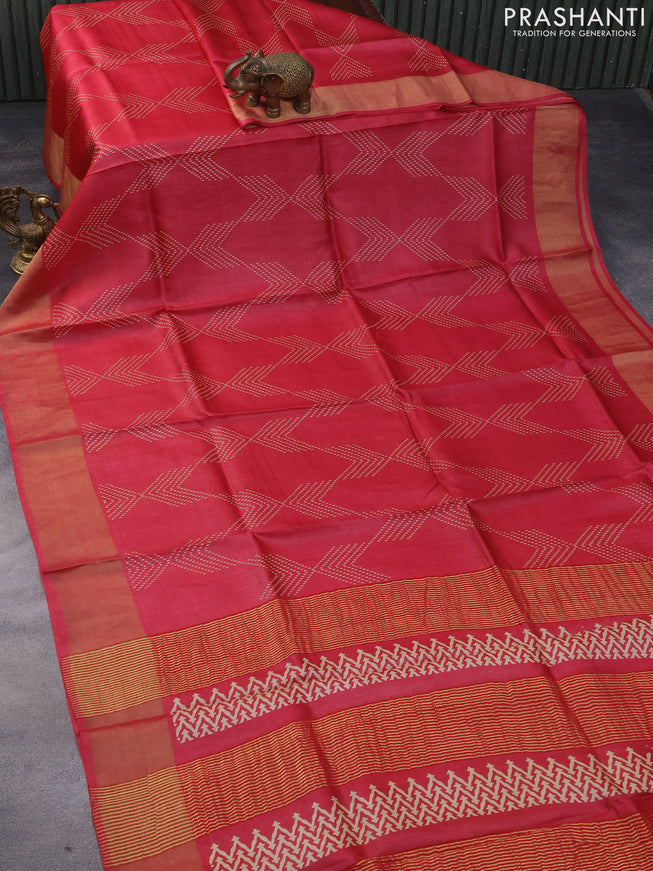 Pure tussar silk saree elephant grey with allover prints and zari woven border