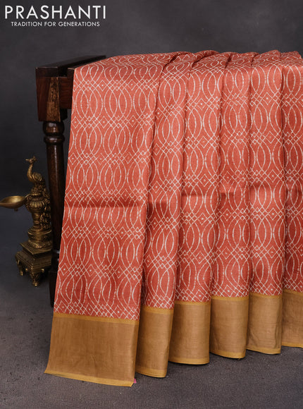 Pure tussar silk saree orange and mustard yellow with allover prints and zari woven border