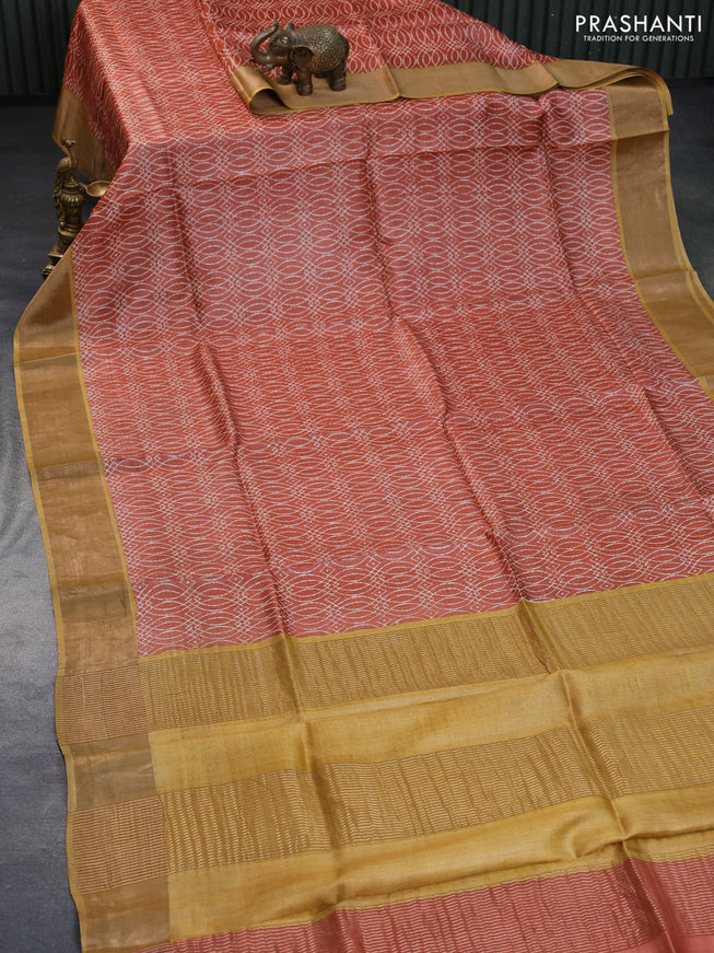 Pure tussar silk saree pink with allover prints and zari woven border