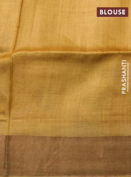 Pure tussar silk saree orange and mustard yellow with allover prints and zari woven border