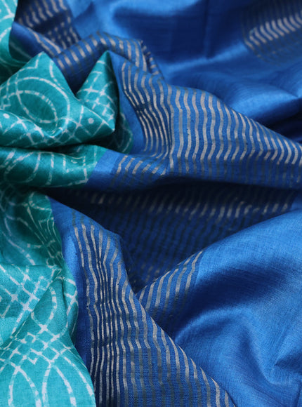 Pure tussar silk saree teal green and blue with allover prints and zari woven border