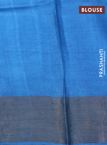 Pure tussar silk saree teal green and blue with allover prints and zari woven border