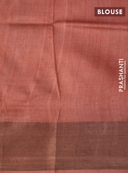 Pure tussar silk saree mustard yellow and peach orange with allover prints and zari woven border