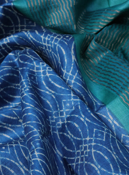 Pure tussar silk saree cs blue and teal blue with allover prints and zari woven border