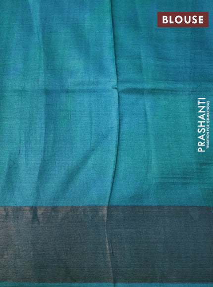 Pure tussar silk saree cs blue and teal blue with allover prints and zari woven border