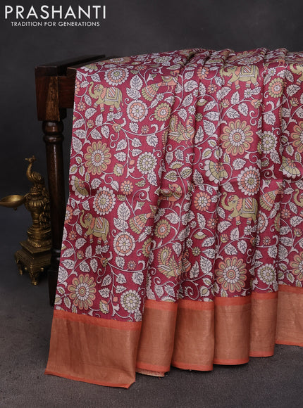 Pure tussar silk saree maroon and peach shade with allover kalamkari prints and zari woven border