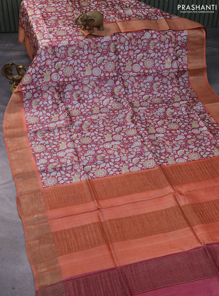 Pure tussar silk saree maroon and peach shade with allover kalamkari prints and zari woven border