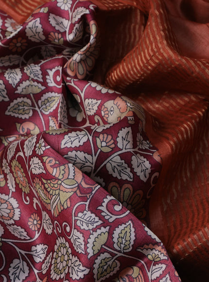 Pure tussar silk saree maroon and peach shade with allover kalamkari prints and zari woven border