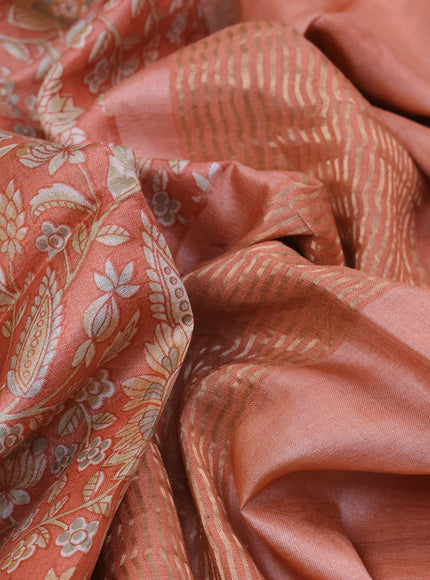 Pure tussar silk saree peach orange with allover kalamkari prints and zari woven border