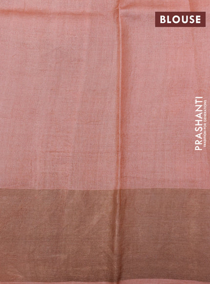 Pure tussar silk saree peach orange with allover kalamkari prints and zari woven border